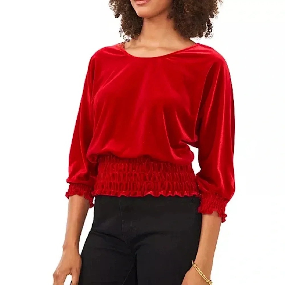 NWT Vince Camuto Dolman-Sleeve Smocked Waist Velvet 3/4 Sleeve Blouse, size S